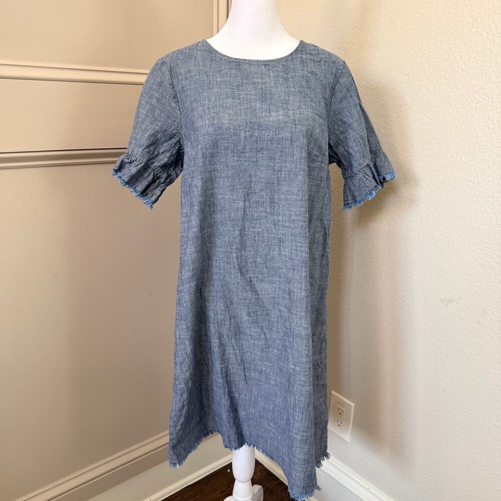 BeachLunchLounge Chambray Shift Dress Blue Cotton Ruffle Sleeve M 100% Cotton
